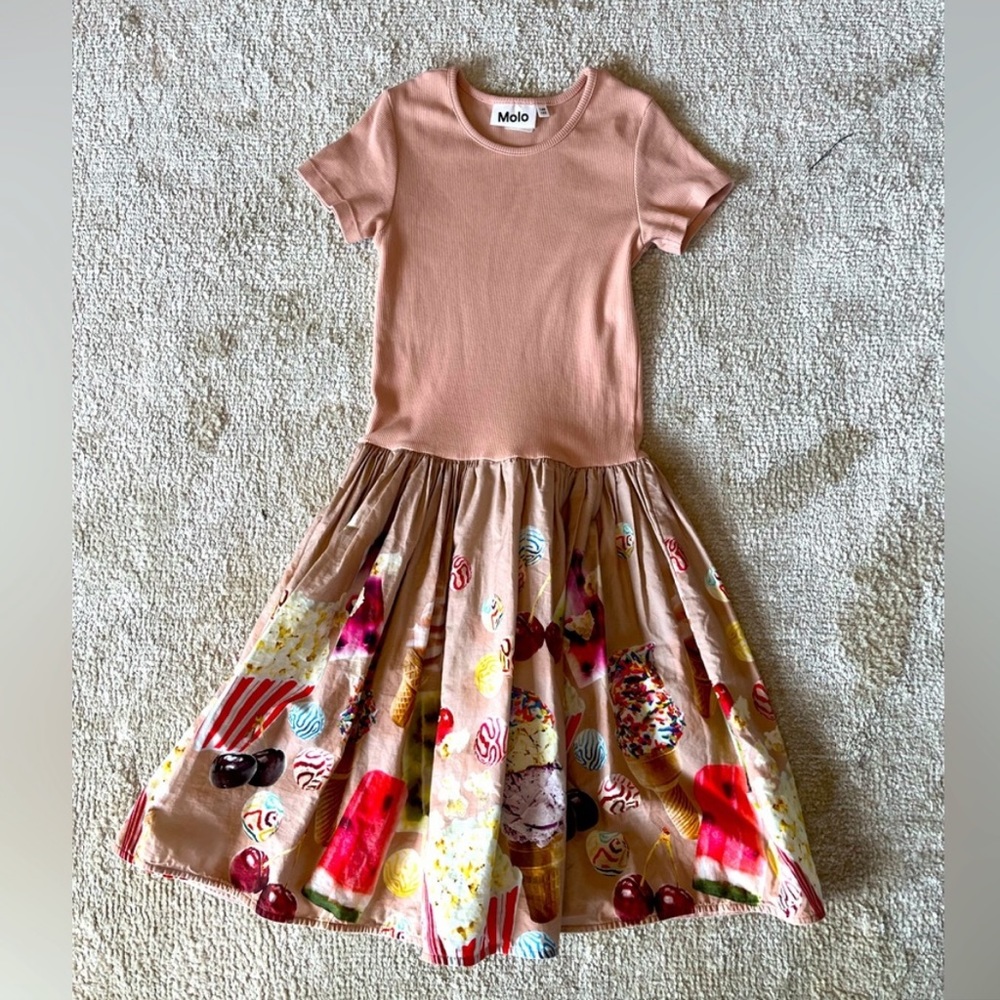 Girls Molo Cotton Long Sleeve Pink Dress with Dessert Print Bottom